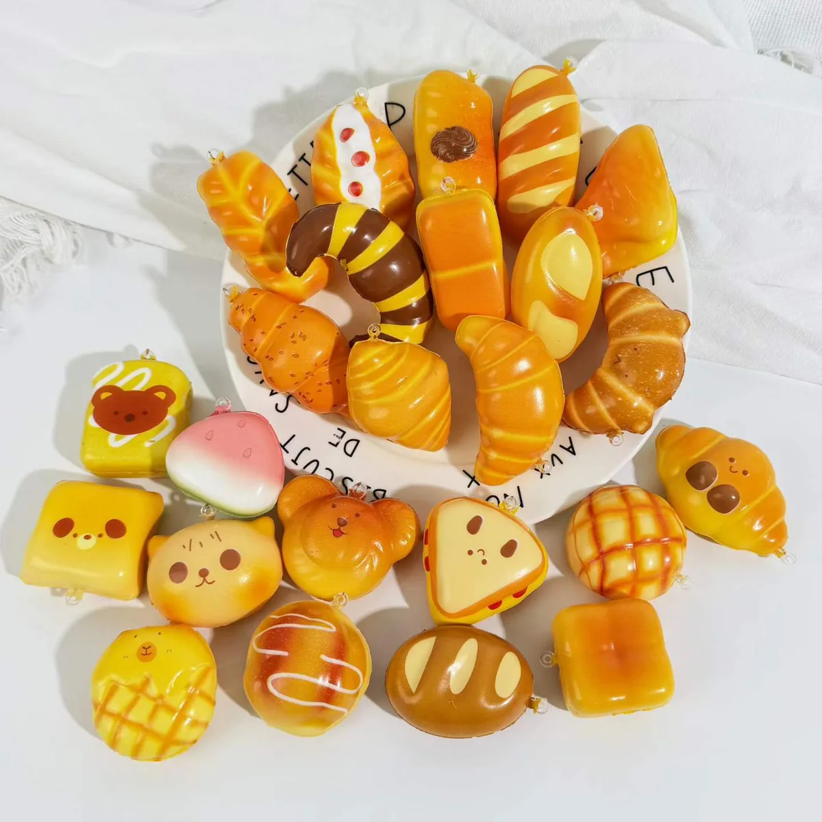 Assortment of bread and pastry-shaped squishy toys